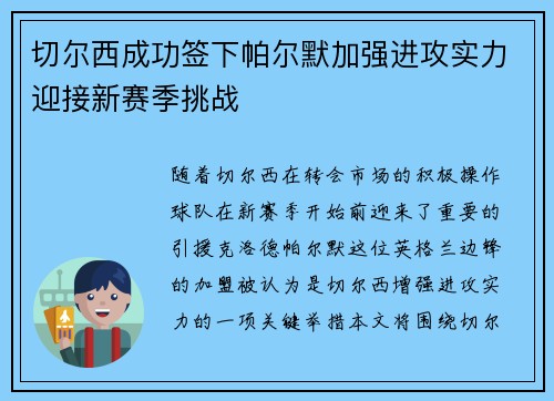 切尔西成功签下帕尔默加强进攻实力迎接新赛季挑战